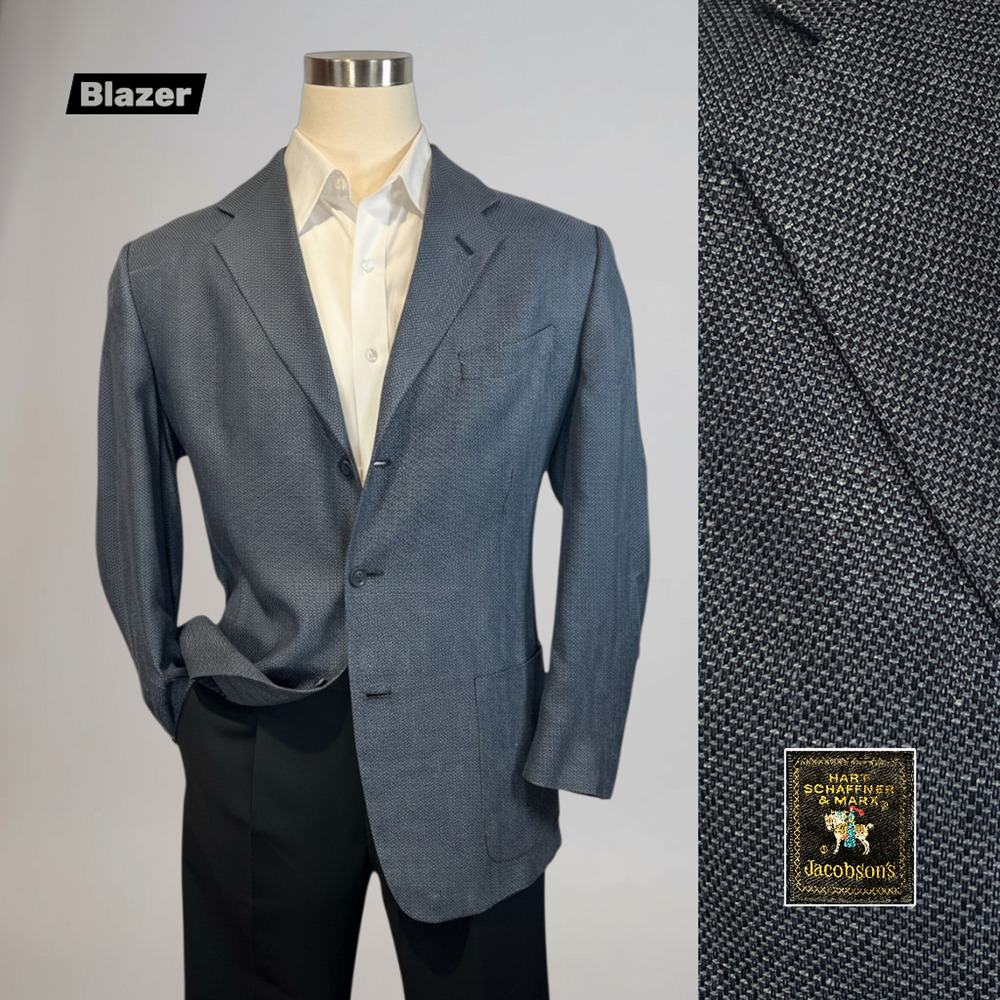 Vtg Hart Schaffner Marx 46L Steel Slate Blue Silk Weekender Blazer Sport Coat